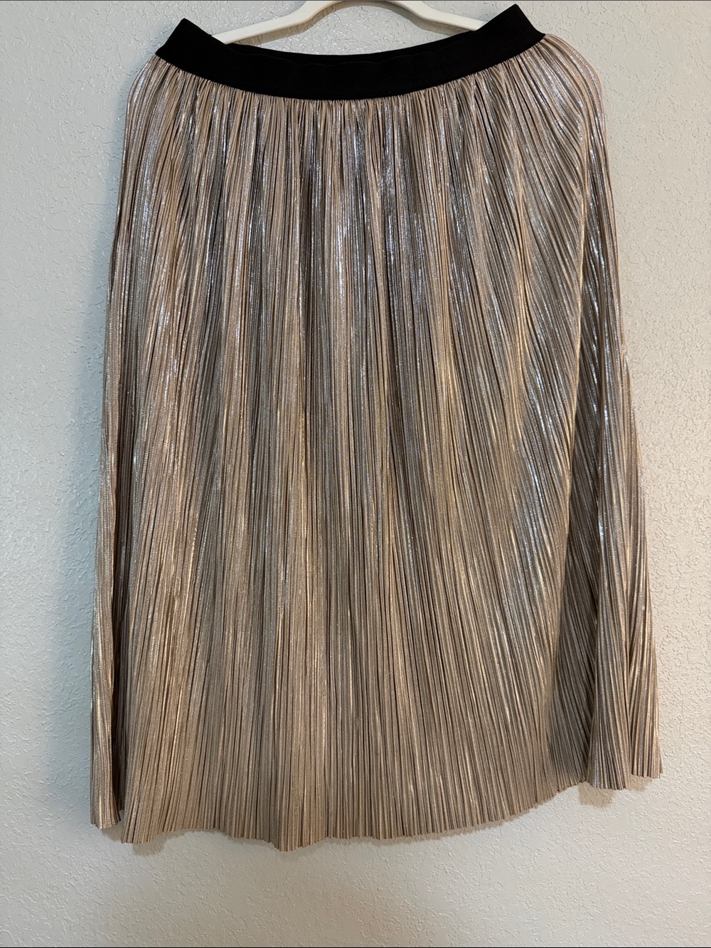 Metallic Champagne Pleated Midi Skirt with Black Waistband